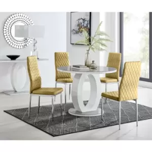 Image of Furniturebox UK - Furniturebox Giovani Grey 100cm Round Dining Table and 4 Mustard Velvet Milan Dining Chairs With Silver Legss