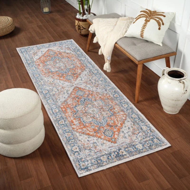 Image of Livabliss Machine Washable Oriental Boho Burnt Orange River Runner Rug 80 X 220 Cm - Easy Care, Ideal For Hallway Or Beside The Bed