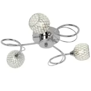 Image of Semi Flush Ceiling Light Chrome Glass Beads 3 Bulb Hanging Pendant Lamp Shade