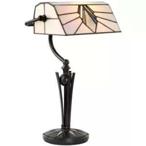 Image of Tiffany Glass Table Lamp Bankers Desk Light Dark Bronze & Cream Shade i00172