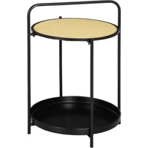 Image of Side Table End Table with Serving Tray and Plastic Rattan Shelf, Black - Homcom