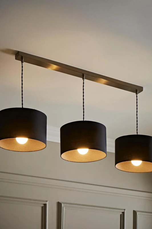 Image of ValueLights ValueLights Reni Fabric Drum Shade 3 Drop Bar Chrome Diner Ceiling Pendant Light in Charcoal Charcoal One Size Unisex 5059406063305