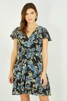 Image of Floral Print Wrap Skater Dress In Black