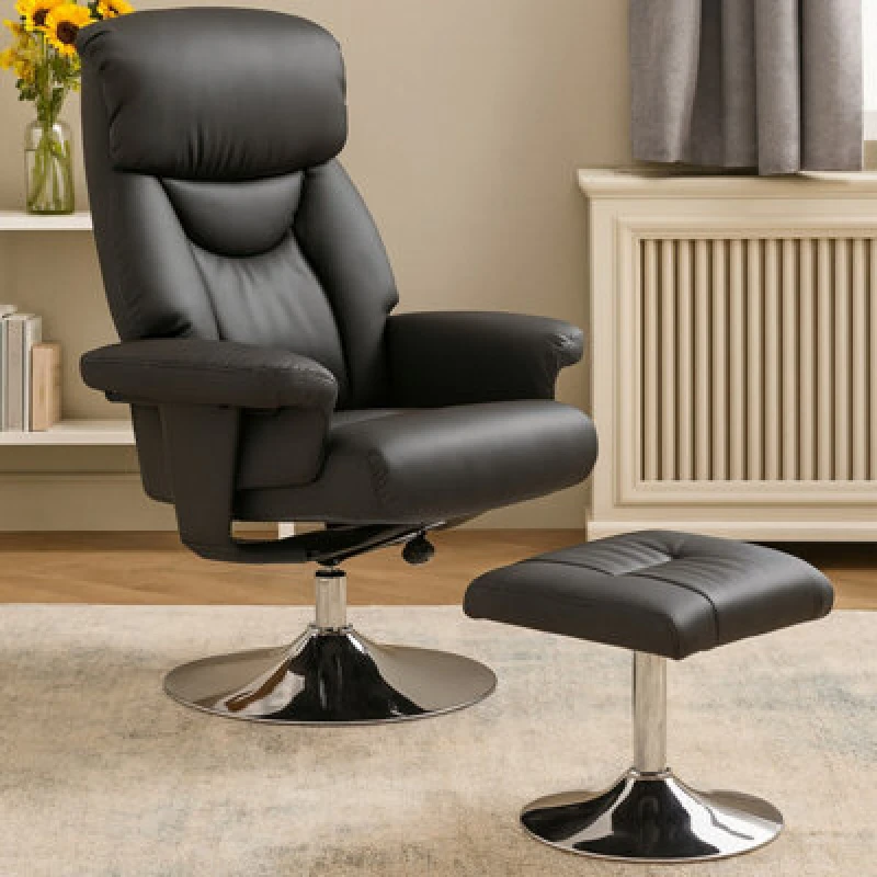 Image of Orsina Black Leather Effect Reclining Chair And Footstool, Easy To Clean Leather Chair, Comfy Footstool