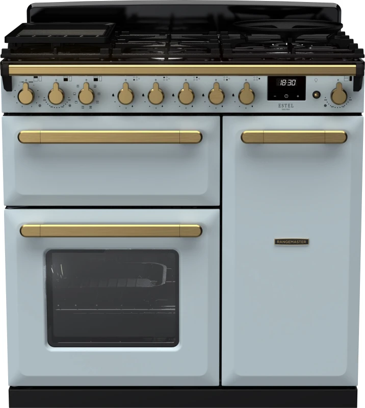 Image of Rangemaster Estel Deluxe ESDL90DFPMSB/AB1 90cm wide Dual Fuel Range Cooker with Gas Hob - Misty Blue / Antique Brass - A/A Rated
