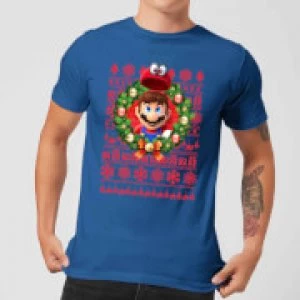 Image of Nintendo Super Mario Mario and Cappy Mens Christmas T-Shirt - Royal Blue - S