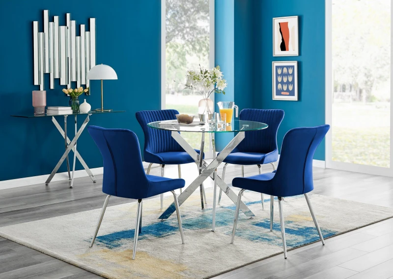 Image of FurnitureboxUK FurnitureboxUK Novara Round Glass Dining Table & 4 Nora Silver Leg Chairs in Blue Blue One Size Unisex 5056657178727