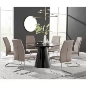 Image of Furniturebox Palma Black Semi Gloss 120cm Round Minimalist Dining Table & 6 Cappuccino Lorenzo Chairs