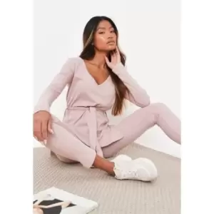 Image of Missguided Petite Tie Waist Ls Tshirt Legging Set - Pink