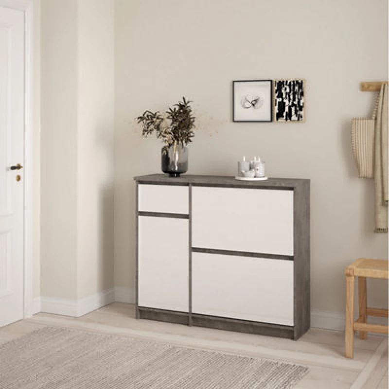 Image of Furniture To Go Naia Shoe Cabinet With 2 Flip Down Doors 1 Door And 1 Drawer In Concrete And White High Gloss (W) 108.9 X (H) 92.9 X (D) 31.5Cm