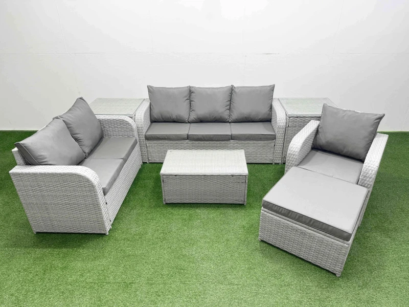 Image of Fimous Patio PE Wicker 7 Seater Outdoor Rattan Furniture Sofa Sets with Rectangular Coffee Table Reclining Chair Loveseat Sofa 3 Seater Sofa 2 Big Foo