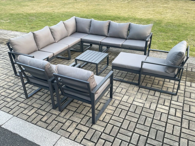 Image of Fimous Outdoor Garden Furniture Patio Lounge Corner Sofa Aluminium Set with Square Coffee Table Big Footstool 3 Chair Dark Grey Dark Grey Unisex
