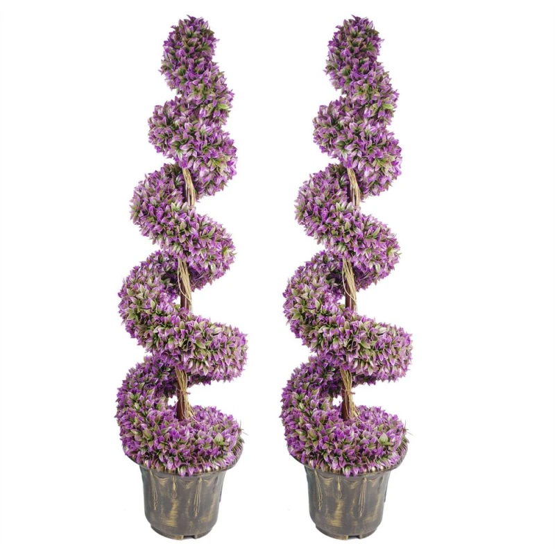 Image of Leaf Design 120cm Pair of Artificial Purple Large Leaf Spiral Topiary Trees with Decorative Planters