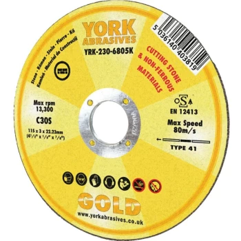 Image of York Abrasives Gold - 115 X 3 X 22MM C30 S Reinforce Cutting Discs for Stone - Typ