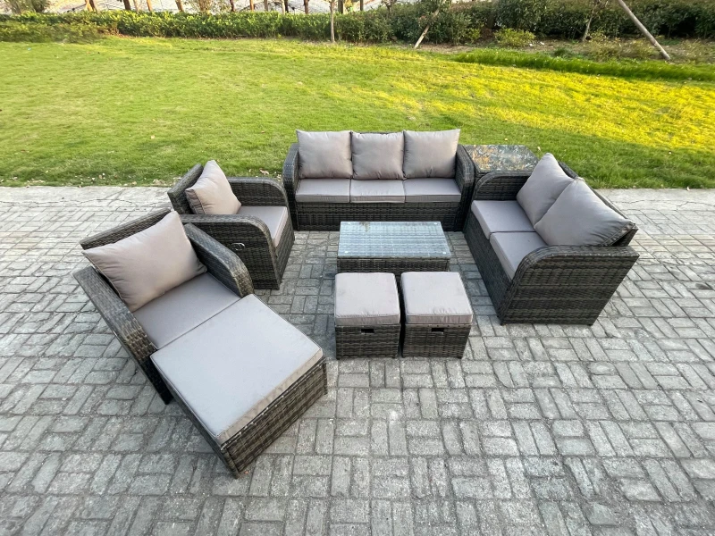 Image of Fimous Patio Garden Furniture Sets Wicker 10 Seater Outdoor Rattan Furniture Sofa Sets with Rectangular Coffee Table Reclining Chair Dark Grey