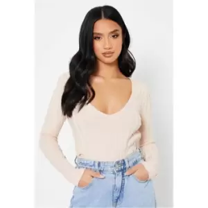 Image of I Saw It First Nude Petite Ribbed Knitted V Neck Jumper - Nude