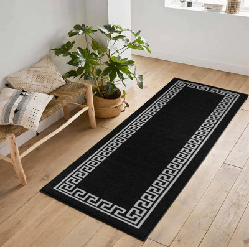 Image of Machine Washable Greek Key Design Anti Slip Doormats Black 67X220 Cm