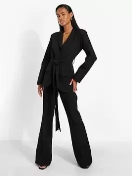Image of Boohoo Tie Waist Tailored Blazer - Black, Size 10, Women