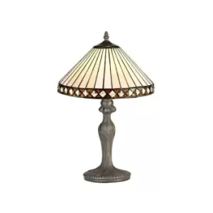 Image of Luminosa Lighting - 1 Light Curved Table Lamp E27 With 30cm Tiffany Shade, Amber, Crystal, Aged Antique Brass