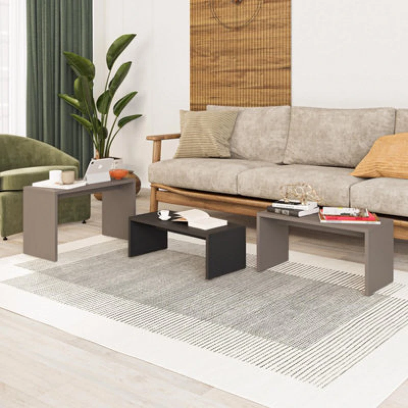 Image of FWStyle Nest Of 3 Tables Anthracite & Mocha Grey Scratch Resistant Living Room Grey