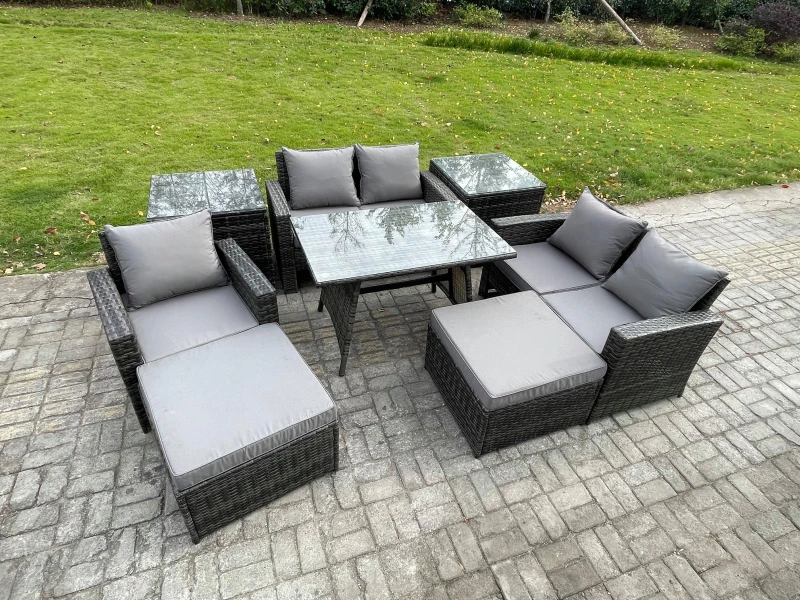 Image of Fimous Garden Dining Set Wicker PE Rattan Outdoor Furniture Sofa with Rectangular Dining Table Double Seat Sofa 2 Side Tables 2 Big Footstool Dark Gre