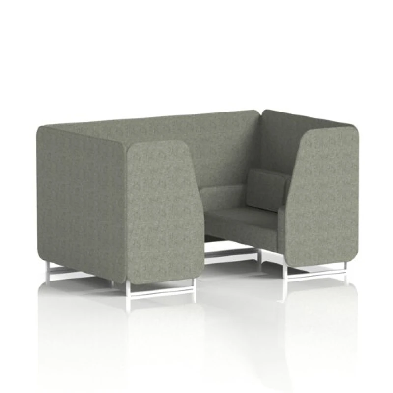 Image of Brixworth 4 Seater Office Booth with Front Panel - White Legs in Rivet Fabric - Vitreous Panels and Sofa