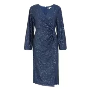 Image of Yumi Navy Sequin Ruched Wrap Dress - Blue