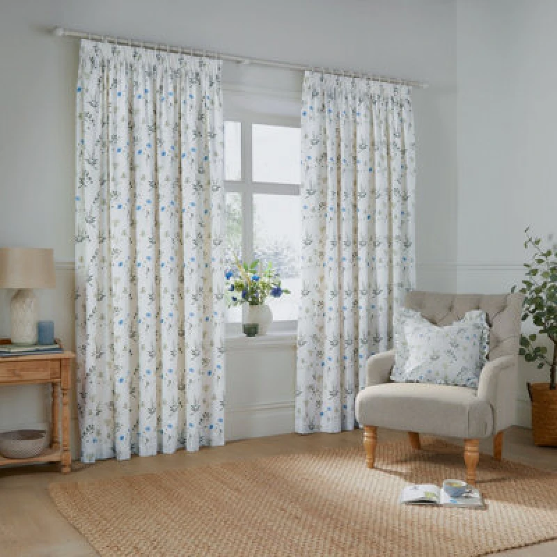Image of Wylder Nature Meadow Room Darkening 100% Cotton Pencil Pleat Curtain Pair White/cornflower (W)168Cm X (D)183Cm