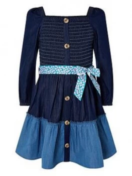 Image of Monsoon Girls Denim Shirred Puff Sleeve Dress - Blue Size 8 Years, Women