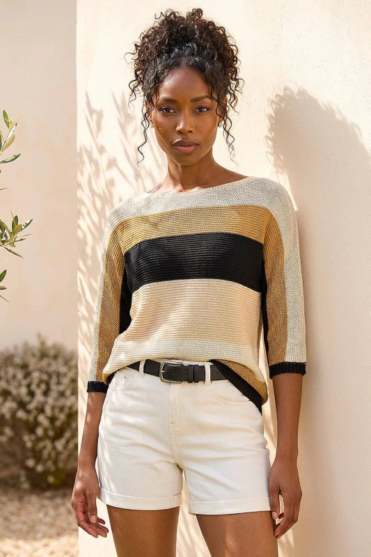 Image of Roman Womens Colour Block Stripe Jumper in Beige Size: 14 Beige Female 14