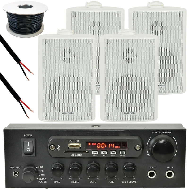 Image of Loops Outdoor Bluetooth Speaker Kit 4x White Karaoke Stereo Amp Garden BBQ Parties White unisex