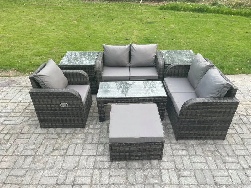Image of Fimous Rattan Outdoor Garden Furniture Sofa Set Patio Table & Chairs Set with Big Footstool 2 Side Tables Dark Grey Mixed Dark Grey