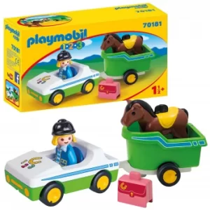 Image of Playmobil 1.2.3 Car with Horse Trailer for Children 18 Months+ (70181)