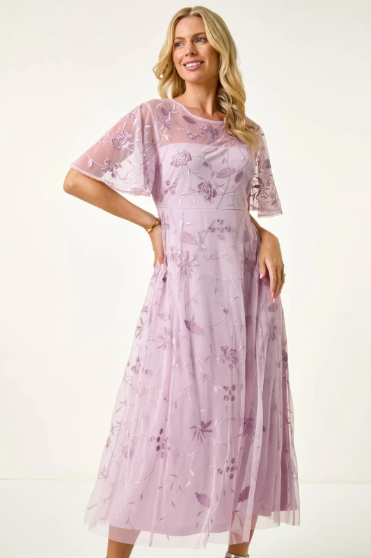 Image of Roman Womens Petite Embroidered Mesh Midi Dress in Lavender Size: 8 Lavender Female 8