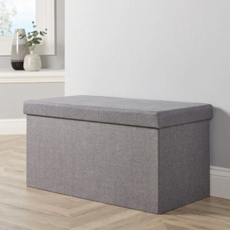Image of Home Source Grey Linen Rectangular Folding Storage Ottoman