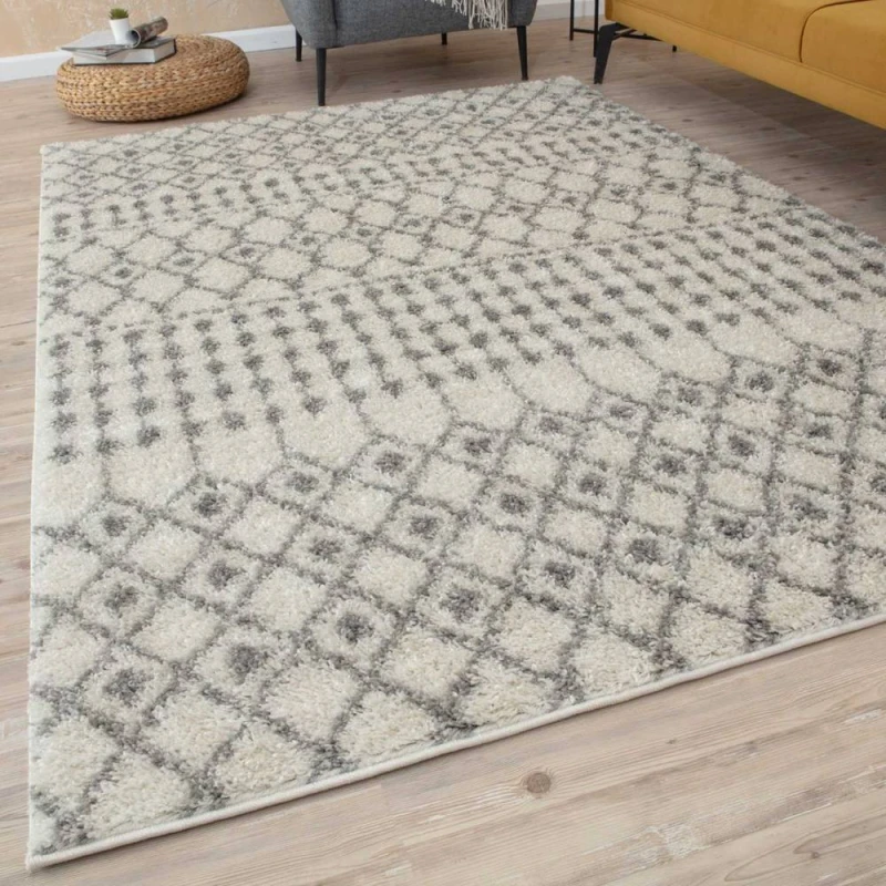 Image of THE RUGS Soft Moroccan Diamond Shaggy Rugs & Runners Ivory Grey Living Room Size: 80cm x 300cm Ivory Unisex 80cm x 300 cm