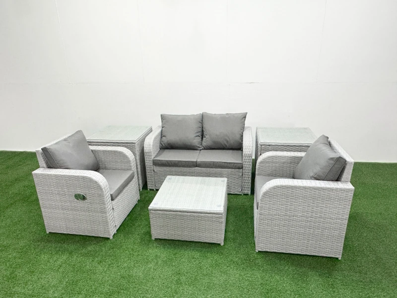 Image of Fimous Light Grey PE Wicker Rattan Garden Furniture Set Sofa Set Reclining Adjustable Chair Square Coffee Table 4 Seater With 2 Side Table Light Grey
