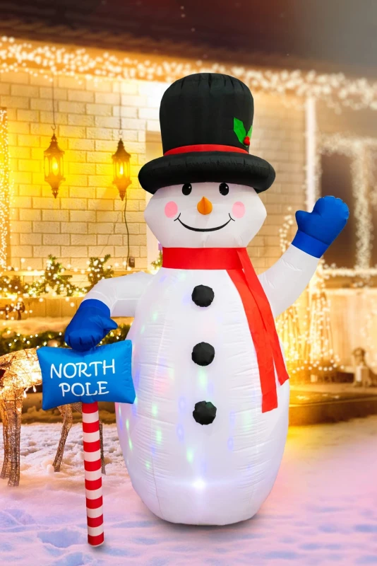 Image of Shatchi 8ft Inflatable Hand Waving Snowman with North Pole Sign Board Pre Lit Mains Powered White LED Lights White