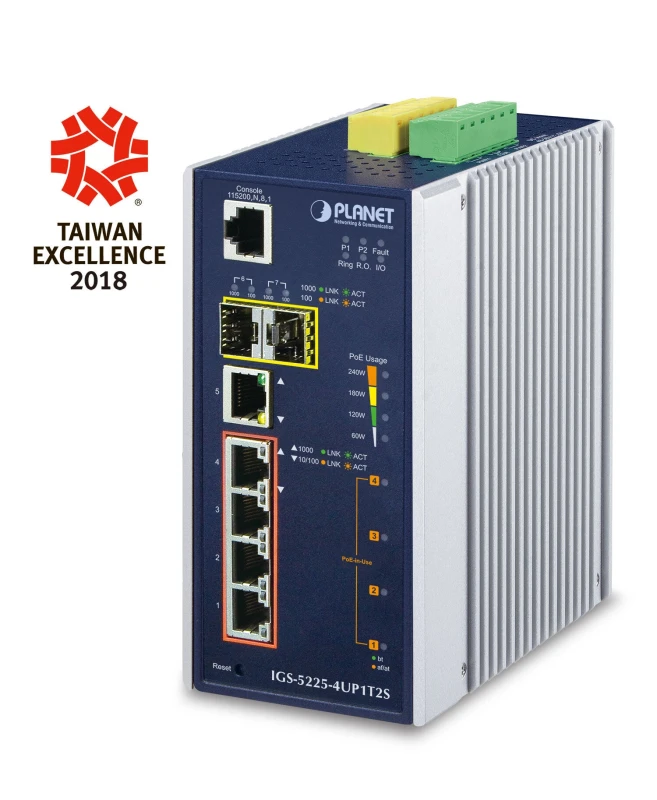 Image of Planet PLANET IGS-5225-4UP1T2S network switch Managed L2+ Gigabit Ethernet (10/100/1000) Power over Ethernet (PoE) Blue, Silver IGS-5225-4UP1T2S