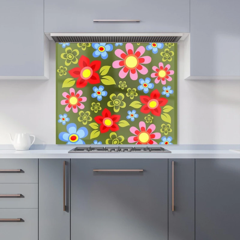 Image of Warren Reed - Designer Red & Blue Flowers Kitchen Splashback in Green Size: 900mm x 750mm Green Unisex 900mm x 750mm