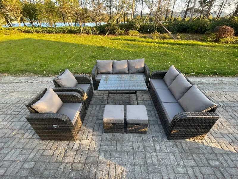 Image of Fimous 10 Seater Rattan Outdoor Garden Furniture Sofa Set Patio Table & Chairs Set with 3 Seater Sofa 2 Small Footstool Dark Grey Mixed Dark Grey