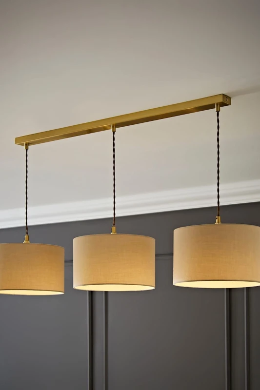 Image of ValueLights ValueLights Reni Fabric Drum Shade 3 Drop Bar Gold Diner Ceiling Pendant Light in Natural Natural One Size Unisex 5059406063145