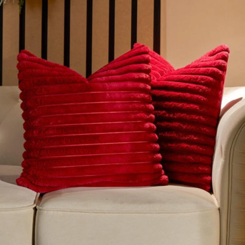 Image of OHS OHS 2 x Faux Fur Thick Rib Cushion Covers in Red Size: 45cm x 45cm Red 45cm x 45cm Unisex 5027434191611