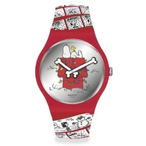 Image of Swatch Peanuts Chomp Christmas Quartz Silver Dial Red Strap Unisex Watch SO29Z109