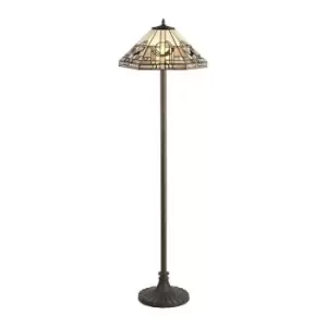 Image of 2 Light Stepped Design Floor Lamp E27 With 40cm Tiffany Shade, White, Grey, Black, Clear Crystal, Aged Antique Brass - Luminosa Lighting