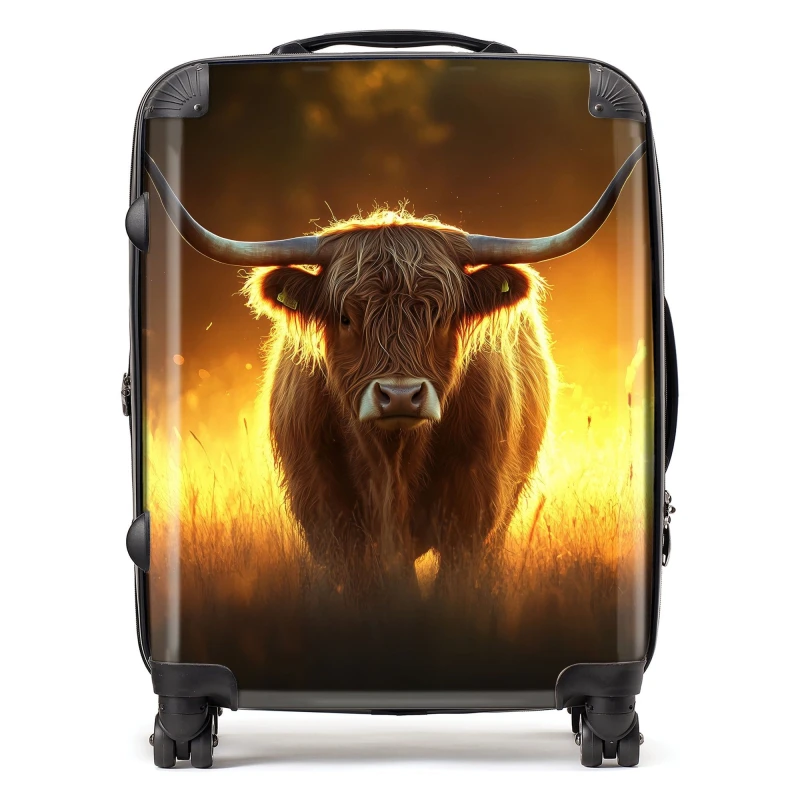 Image of Warren Reed - Designer Highland Cow Sunset Suitcase in Orange Size: Large Orange Unisex Large