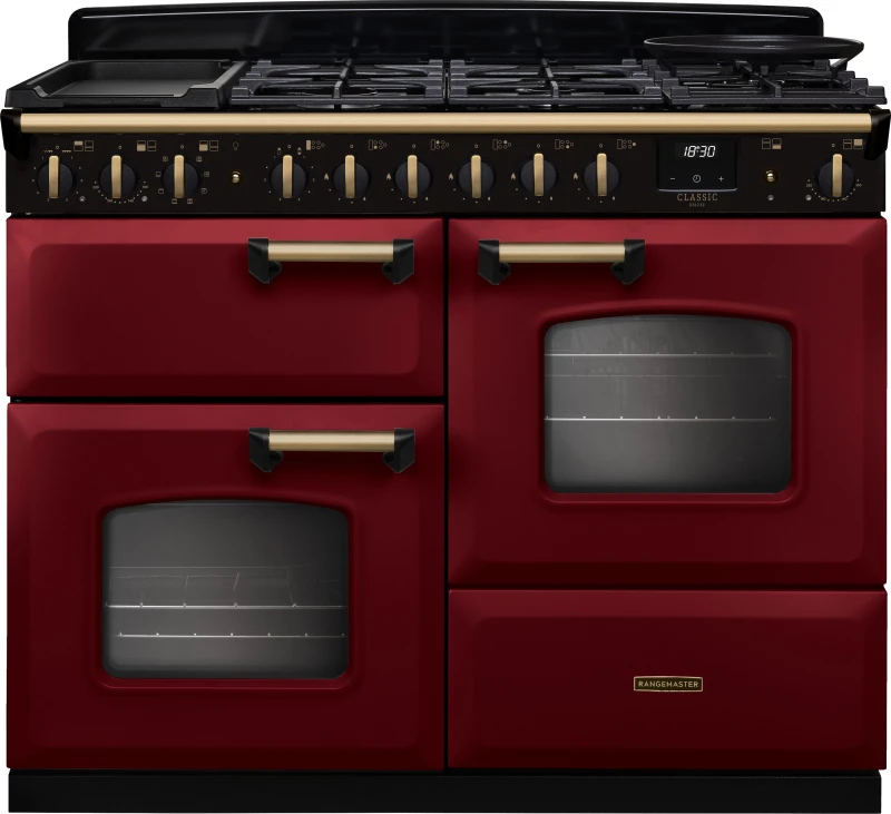 Image of Rangemaster Classic Deluxe 110 CLDLO110DFPBOR/AB1 110cm wide Dual Fuel Range Cooker with Gas Hob - Bordeaux / Chrome - A Rated
