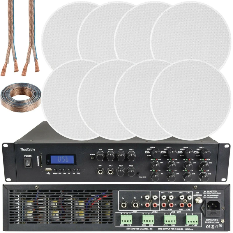 Image of Loops 1600W Bluetooth Sound System 8x 100W Slim Ceiling Speaker 8 Zone Mixer Amplifier Multi unisex