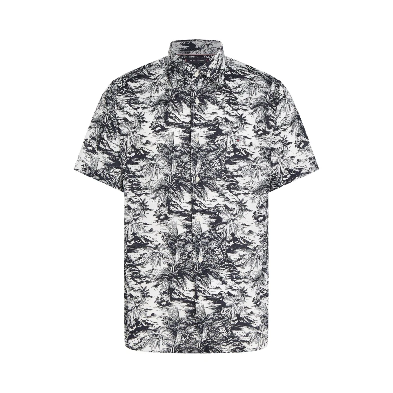 Image of Tommy Hilfiger Mens Linen Vacation Short-Sleeve Patterned Shirt Desert Sky male XL