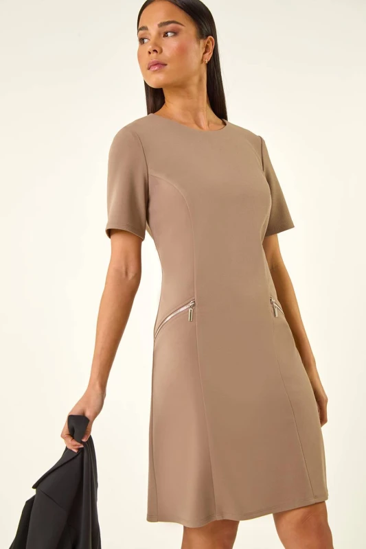 Image of Roman Womens Petite Zip Pocket Stretch Dress in Taupe Size: 14 Taupe Female 14